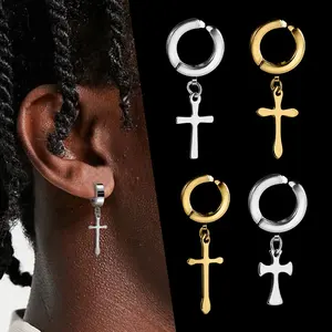 low MOQ 1 Piece Earrings No Piercing Ear Clip Stainless Steel Gold Plated Silver Dangle Cross Earrings