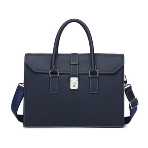 Men's Genuine Leather <b>Briefcase</b> Large Capacity Business Travel Bag Solid Color Blue - Product Image 1