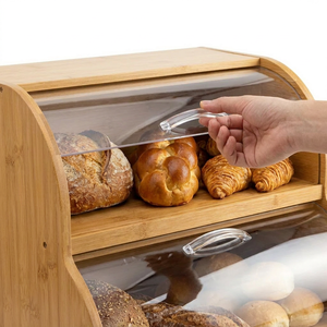 Boîte à pain en bambou double couche avec couvercle à enroulement en acrylique transparent, bac <span class=keywords><strong>de</strong></span> rangement alimentaire haute transparence pour comptoir - Product Image 5