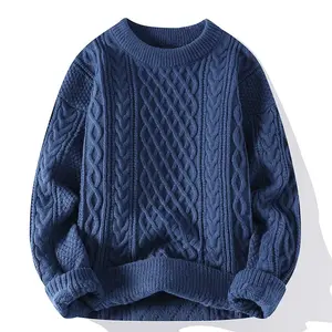 Factory Supplier Round Neck Knit Ribbed Jumper Solid Color Thick Cable Cotton Knitted Sweater For Men