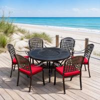 Ensemble table de jardin et brasero rond en aluminium moulé avec 6 chaises de patio, table de barbecue au charbon de bois pour extérieur