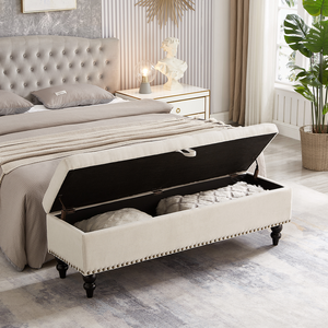 59" Modern Adjustable Convertible Bed Bench Ottoman with Storage Beige Fabric for Bedroom Living Room & Home <b>Office</b> - Product Image 6
