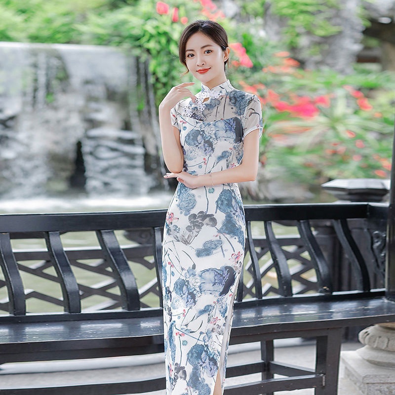 knee length dresses for ladies Green White Lace Cheongsam Qipao main image 0