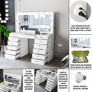 <span class=keywords><strong>Coiffeuse</strong></span> moderne blanche pour fille avec grand <span class=keywords><strong>miroir</strong></span> LED, plateau en verre et tiroirs multiples - Product Image 4
