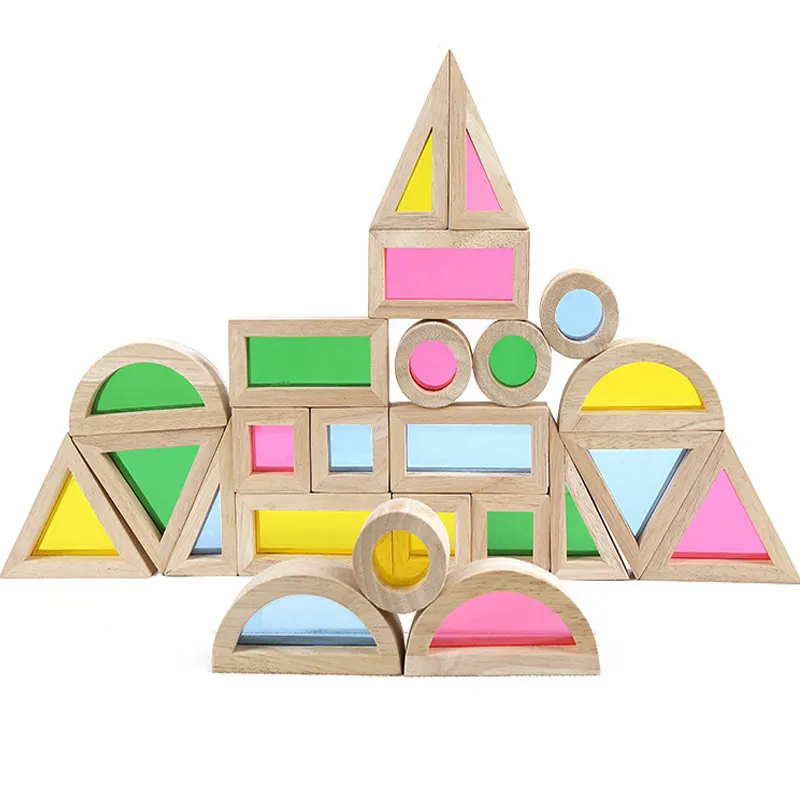 Factory Direct Sale Educational Wooden Toys The Play Kits Colorful Montessori Wooden Geometric Shape Rainbow Block Toy For Kids
