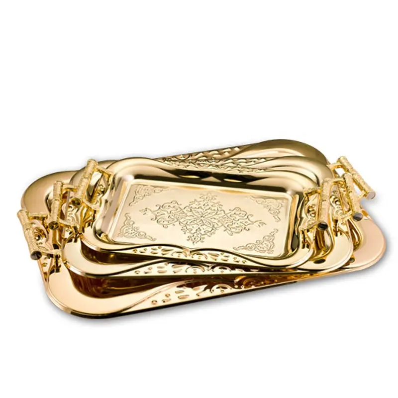 Luxo de ouro decorativo jantar emboss placa placa bandeja de comida de aço inoxidável/banhado a ouro jogo de jantar/bandeja de food service