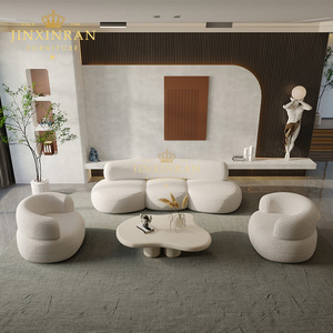 Canapé modulaire en forme de nuage avec structure en bois et rembourrage en mousse pour salon, 3 places avec fauteuil, ensemble en tissu bouclé - Product Image 4