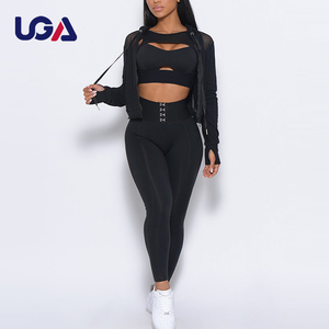 Womens Gymwear Sets Custom <strong>Black</strong> Slim Fit Mesh Sports Suits Fashion <strong>Crop</strong> Bra Top High Waist <strong>Leggings</strong> 3pcs Yoga Clothes Suit - Product Image 3