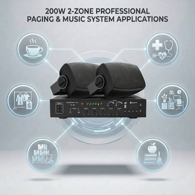 Compact 2-Zone Commercial Sound System 200W Output Power Black/White Wall Speakers Amplifier Remote Control for Modern Boutique