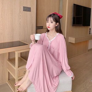 Recién llegado, Vestidos de Noche de Modal de algodón de manga larga Vintage, ropa de descanso con cuello en V y almohadillas, ropa de noche dulce de otoño para mujer - Product Image 3