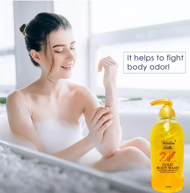 Özelleştirilmiş organik doğal 24k altın Anti-Aging beyazlatma sıvı sabun beyazlatma duş jeli nemlendirici yumuşatıcı vücut yıkama