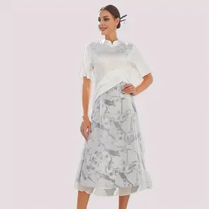 China Summer short-sleeved fashion temperament buckle improved version of cheongsam mesh stitching mid-length printed dress