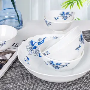 蛋白石碗套蛋白石玻璃器皿餐具套装，带贴花耐热蛋白石玻璃器皿圆形形状4.5英寸/8英寸7件纯白色