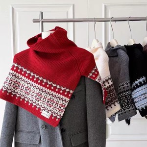 Chal de punto estilo francés Fair Isle con cuello alto para mujer, chal grueso retro de invierno, capa exterior cálida y a capas - Product Image 5