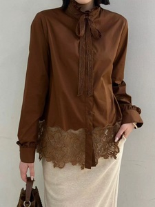 Camicie Nuove di Alta Qualità Primavera Estate 2026 Blusa Donna Sexy in <span class=keywords><strong>Tulle</strong></span> Ricamato con Pizzo Patchwork Manica Lunga Bianco Kaki - Product Image 3