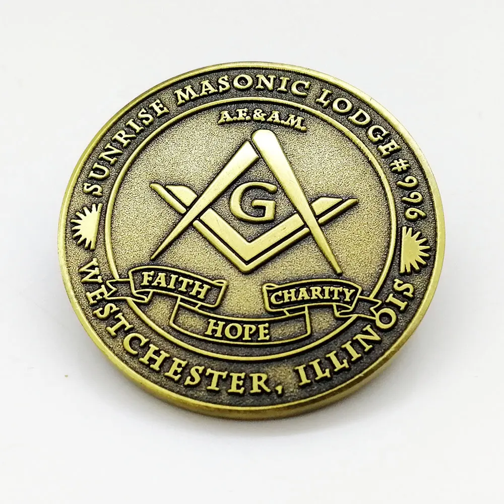 Faith Hope Charity freemanson fundraising souvenir sunrise masonic lodge customized challenge coin for worshipful masters