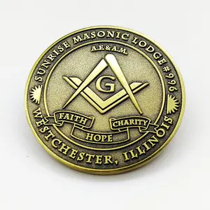 Faith Hope Charity Freemanson Fundraising Souvenir Sunrise Masonic Lodge Customized Challenge Coin For Worshipful Masters