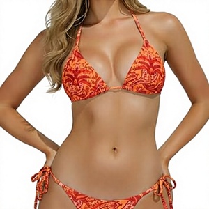 Women's Sexy Orange Paisley Print Halter Bikini Set Polyester Swimwear Two Piece Beachwear - Product Image 1