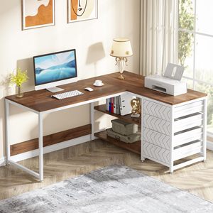 SENYU <b>L</b> <b>Shape</b> Computer <b>Desk</b> With Wooden Top White Frame Drawer Storage Home Office Workstation Furniture - Product Image 1