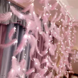 Pink/white feather LED copper wire string fairy heart curtain garland light bedroom holiday elevator window light