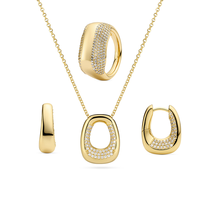Parure de bijoux Gemnel ovale épaisse à maillons ouverts en laiton, entièrement pavée de zircons blancs, collier, bague et boucles d'oreilles huggie pour femme, bijoux empilables