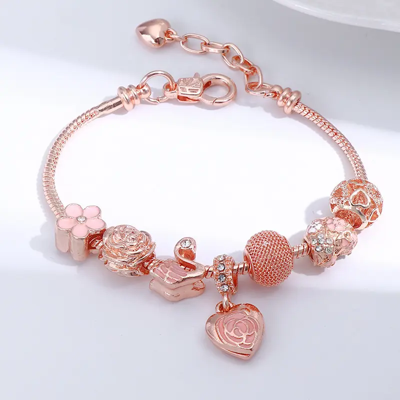 Pulseira de ouro rosado luxuosa, com strass, cristal, flor, charme, coração, zircônia cúbica, coração, pingente, pulseira para presente do dia das mães