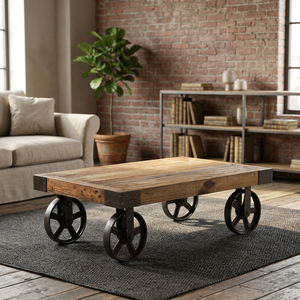 Table Basse Chariot Industrielle & Vintage Antique Réglable en Métal et Bois de Mangue avec Roues – Utilisation Intérieure/Extérieure pour Salon, Villa, Maison - Product Image 3