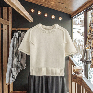 Maglione Pullover Vintage da <span class=keywords><strong>Donna</strong></span>, Casual e alla Moda, <span class=keywords><strong>Beige</strong></span> Intrecciato Traspirante con Maniche Corte e Collo Tondo per l'Autunno - Product Image 3