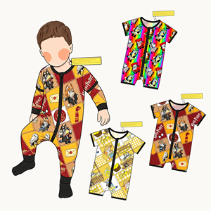 Yeni Gelen Köpek Baskılı Özel Yazlık Kısa Bebek Bambu Kısa Fermuarlı Tulum Pijama Kısa Fermuarlı Bambu Tulum - Product Image 1