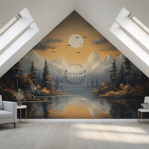 Mural Autoadhesivo de Vinilo con Diseño de Lago, Árboles Navideños Dorados, Montañas Grises, Nubes, Sol <span class=keywords><strong>y</strong></span> Pájaros, Papel Tapiz de Paisaje de Arte Moderno - Product Image 3