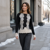 Pull en tricot pour femme FNJIA, pull noir à rayures verticales, dentelle, tissu à empiècements, pour tous les jours et les soirées, OEM personnalisé