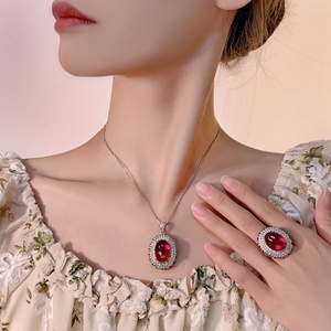 Vintage Eco-friendly Copper 13*18MM Red Zircon Floral Pendant Earrings Set Women <b>Sunflower</b> Jewelry Set for Bridal Events - Product Image 6