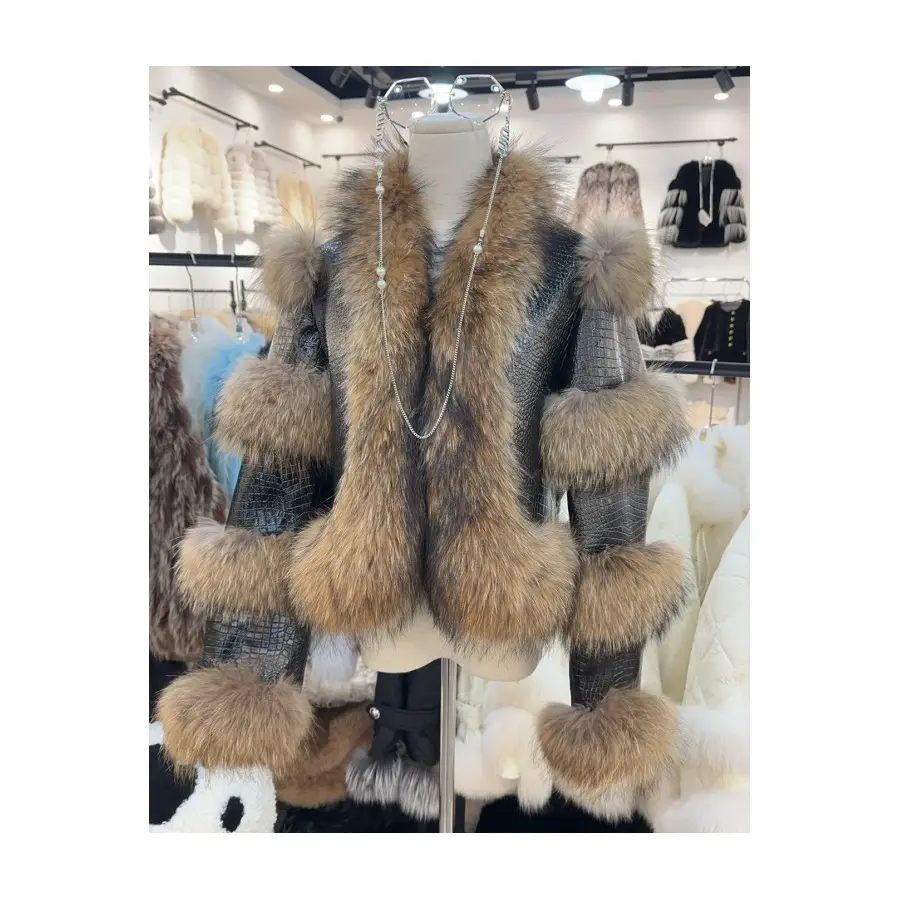 RX Factory Fluffy Real Raccoon Oberbekleidung Fox Fur Coat Hochwertige Farbe Schaffell Lederjacke mit Pelz besatz