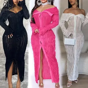 Off Shoulder Turn Down Collar Long Sleeve Maxi Dress Ruffle Cardigan Dress Spring Sexy Birthday Party Dresses For Women