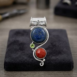 Art Palace 925 Silver Lapis Lazuli Charm With <b>Red</b> And Green Gemstones Rhodium Plated Vintage Style Unisex Pendant - Product Image 3