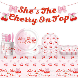 Cherry <b>Bow</b> Party Supplies Paper Plates Cups Napkins Straws Utensils 60-80 Pcs Birthday Party Decorations Cartoon Style - Product Image 5