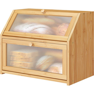 Boîte à pain en bambou grande capacité, rangement en bois pour la cuisine, conteneur alimentaire avec porte en verre - Product Image 1