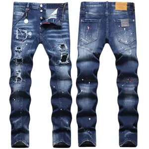 Benutzer definierte LOGO AeeDenim Herren Slim Fashion Kleine Füße Bestickte Jeans Ripped Patch Stretch Paint Splatter Beggars Jeans