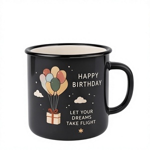 Custom Black Outdoor <b>Camping</b> Iron Enamel <b>Mug</b> with Birthday Balloons Graphic Lightweight Shatterproof Metal Coffee Cup - Product Image 1