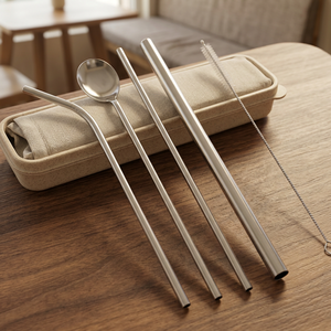 Reusable <b>Metal</b> Drinking <b>Straws</b> Set 3Pcs Minimalist Travel Cutlery with Spoon and Cleaning Brush in Carry Case - Product Image 2