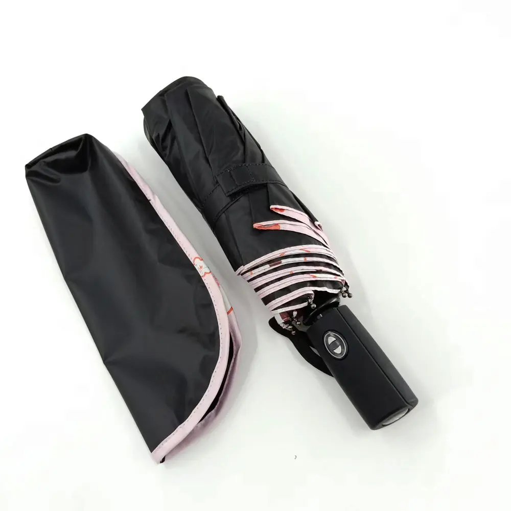 Intérieur 3 parapluie pliant imprimé protection solaire uv noir s'ouvre automatiquement poignée en caoutchouc couleur personnalisée coupe Logo