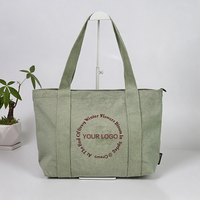 Tas Tote Kanvas Hijau Vintage yang Ramping dengan Bordir Logo Kustom, Penutup Ritsleting, Tas Tangan Retro untuk Kebutuhan Sehari-hari dan Perjalanan