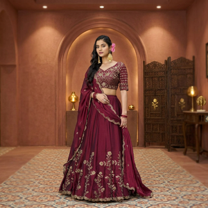 Tennecy Vichitra Silk Thread Sequence Lehenga Choli Set-Women's Party Wedding Winter <b>Ankle</b>-Length Stretchable Quick-Dry - Product Image 1