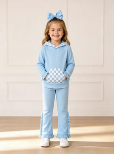 Ensembles de sweats à capuche personnalisables pour petites filles, hauts à manches longues à carreaux avec poches et pantalons à volants, tenues décontractées 2 pièces - Product Image 2
