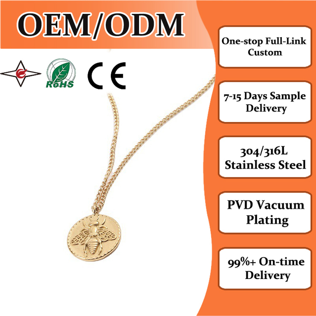 Coin Shape 304 Gold Silver Stainless Titanium Steel Insect Necklace Fun Collar Bee Pendant Sweater Chain for Gift Girlfriend