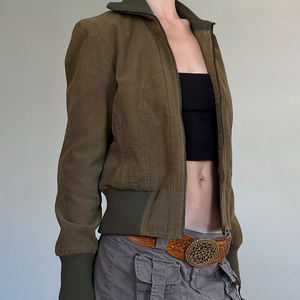 Chaqueta de Pana con Cuello Alto para Mujer, Cierre de Cremallera, Corte Ajustado, Estilo Vintage, Informal, para Calle - Product Image 3