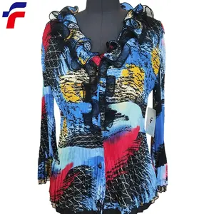 Sweden 2024 spring summer deep sea blue multi colors pleated blouse 3/4 sleeves frill neckline black mushroom buttons satin chif