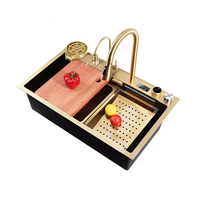 Ensemble de robinetterie de cuisine moderne et minimaliste en acier inoxydable avec évier intégré, affichage numérique Golden Shark et robinet extractible cascade pour le lavage