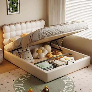 Lit simple en bois massif crème minimaliste moderne | Design rond biscuit réglable pour filles et garçons - Product Image 3