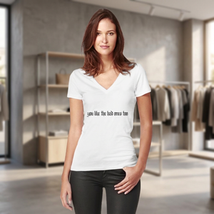 T-shirt blanc col en V pour femme, manches courtes, coupe ample, en coton, imprimé lettres, décontracté, tricot jersey, écologique, 220g - Product Image 1